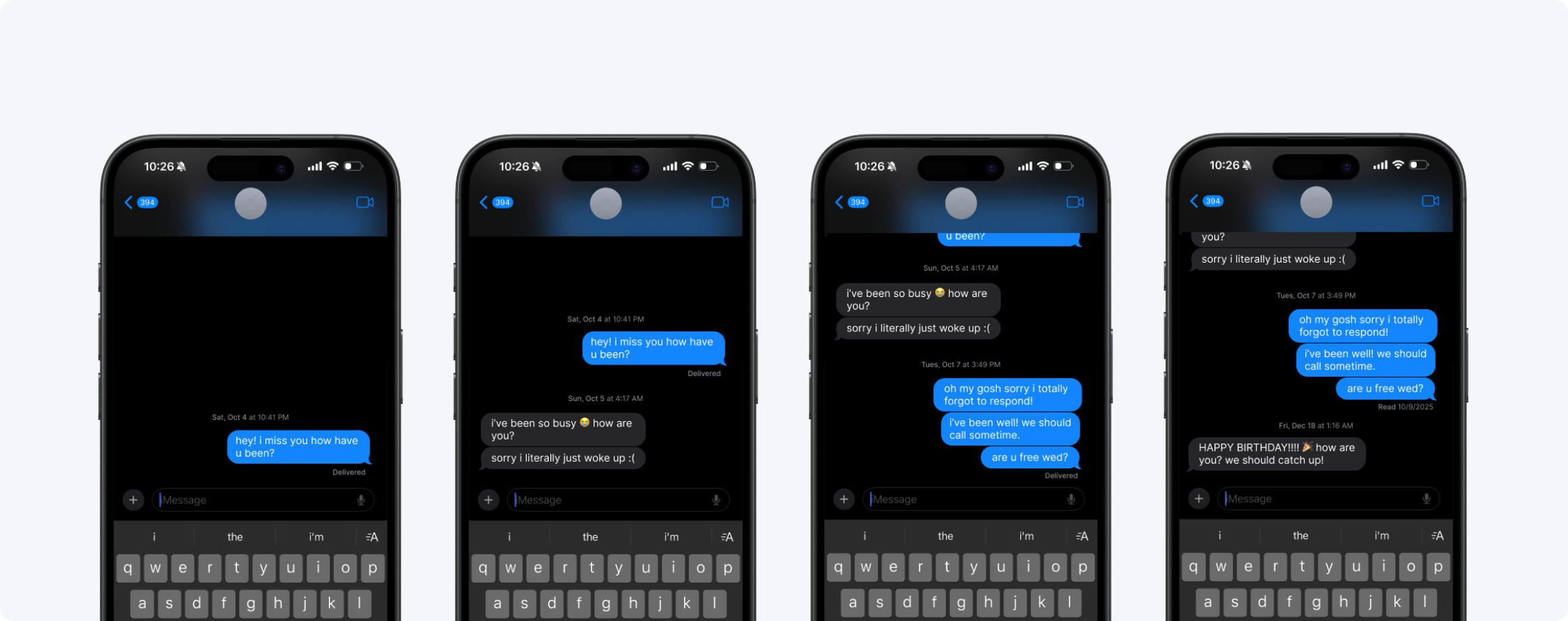 Text message exchange showing missed connection across time zones